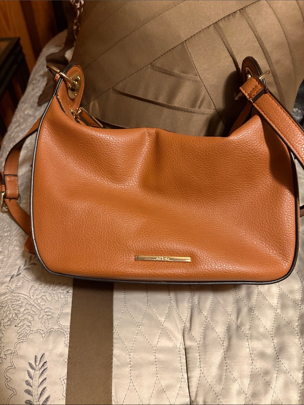 Aldo Cognac Pebbled Leather Shoulder Bag with Gold Hardware
